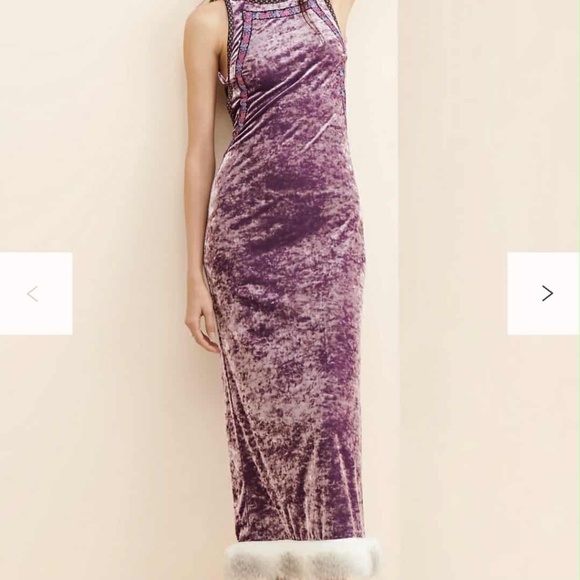 Anna Sui Shimmery Mulberry Purple Crushed Velvet Embroidered Faux Fur Maxi Dress - Picture 5 of 13